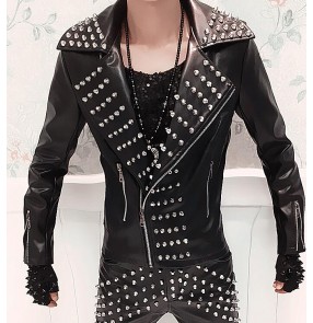 Black rivet punk rock men's  male mans stage performance motorcycle fashion youth hip hop night club bar dance wear  lapel collar long sleeves jackets short coats